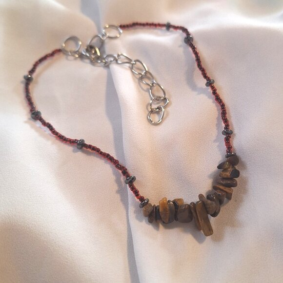 Artisan Made Edgy Beaded Tigers Eye Stone Chip and Hematite Choker Necklace - Picture 1 of 6